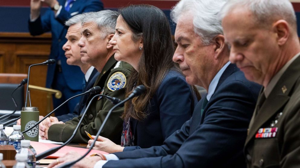 PHOTO: Christopher Wray, General Paul Nakasone, Avril Haines, William Burns and General Scott Berrier, testify before a House Oversight Committee hearing on 'worldwide threats' in the Rayburn House Office Building in Washington, D.C., on March 8, 2022.