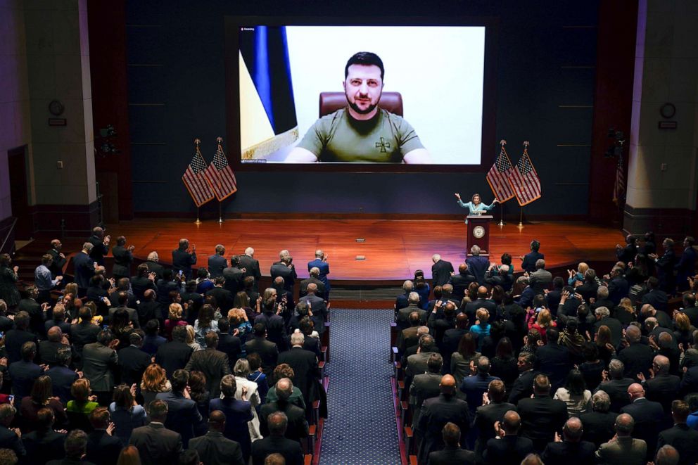 PHOTO: Speaker of the House Nancy Pelosi introduces Ukrainian President Volodymyr Zelenskyy to the U.S. Congress by video at the Capitol in Washington, D.C., March 16, 2022.