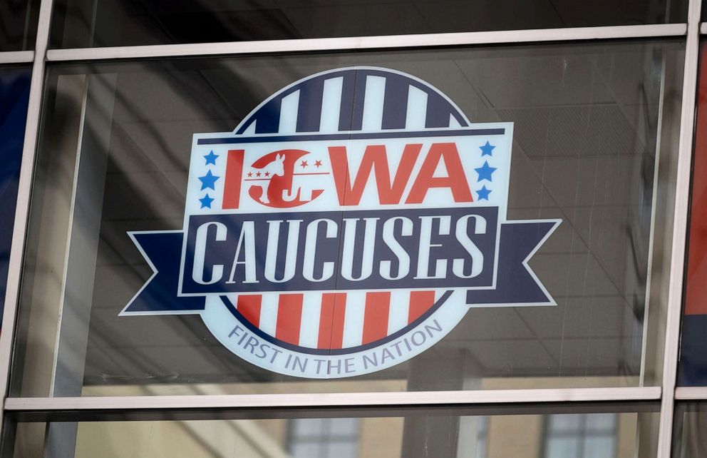 PHOTO: Signage for the Iowa Caucuses hang in downtown Des Moines, Iowa, Jan. 25, 2020. 