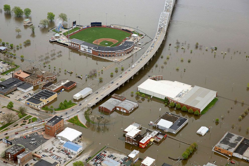 PHOTO: Downtown Davenport, Iowa, and the surrounding area is covered by Mississippi River floodwaters, May 3, 2019.