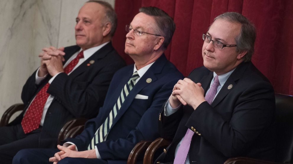 PHOTO: Republican Reps. Steve King, Rod Blum and David Young of Iowa attend a rally for Iowans in Russell Building prior to the anti-abortion March for Life on the Mall in Washington on Jan. 19, 2018.
