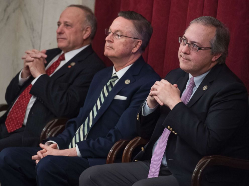 PHOTO: Republican Reps. Steve King, Rod Blum and David Young of Iowa attend a rally for Iowans in Russell Building prior to the anti-abortion March for Life on the Mall in Washington on Jan. 19, 2018.