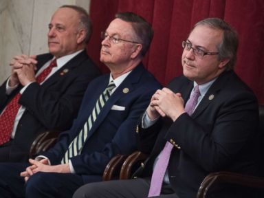 PHOTO: Republican Reps. Steve King, Rod Blum and David Young of Iowa attend a rally for Iowans in Russell Building prior to the anti-abortion March for Life on the Mall in Washington on Jan. 19, 2018.