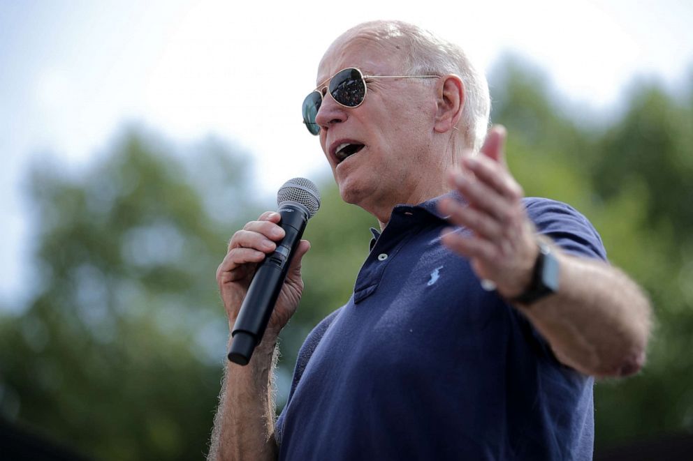 PHOTO: President Joe Biden delivers a 20-minute campaign speech at the Des Moines Register political soap box at the Iowa State Fair on August 8, 2019 in Des Moines, Iowa.