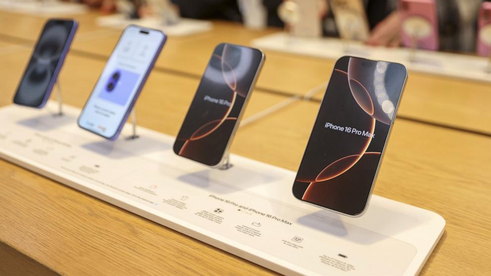PHOTO: New iPhones are seen on display at the The Fifth Avenue Apple Store in New York, April 4, 2025.