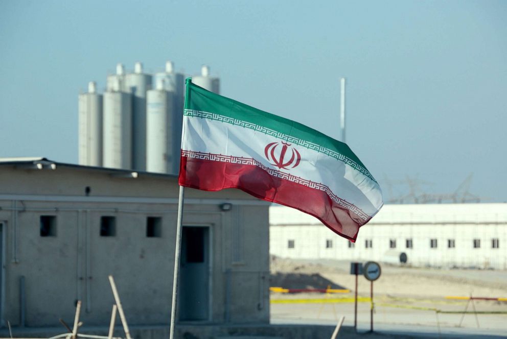 PHOTO: An Iranian flag in Iran's Bushehr nuclear power plant, during an official ceremony to kick-start works on a second reactor at the facility, Nov. 10, 2019. 