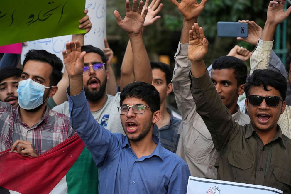 PHOTO: A group of students during their gathering to condemn President Biden's tour to the Middle East, July 16, 2022, in Tehran, Iran.