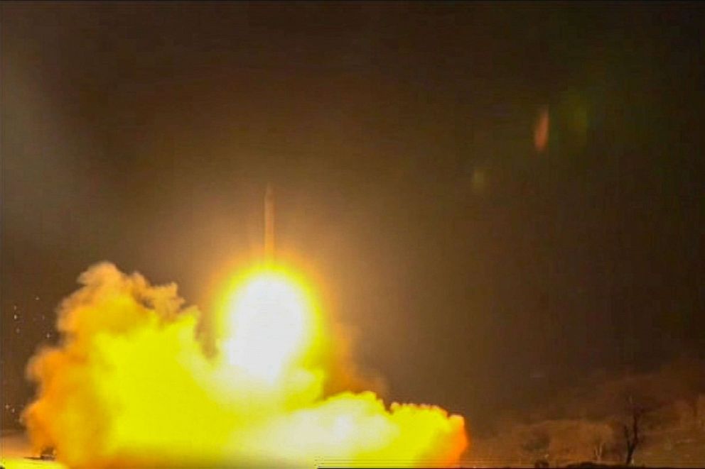 PHOTO: An image grab from footage obtained from the state-run Iran Press news agency on Jan. 8, 2020, allegedly shows rockets launched from the Islamic republic against the U.S. military base in Ein-al Asad in Iraq the previous night.