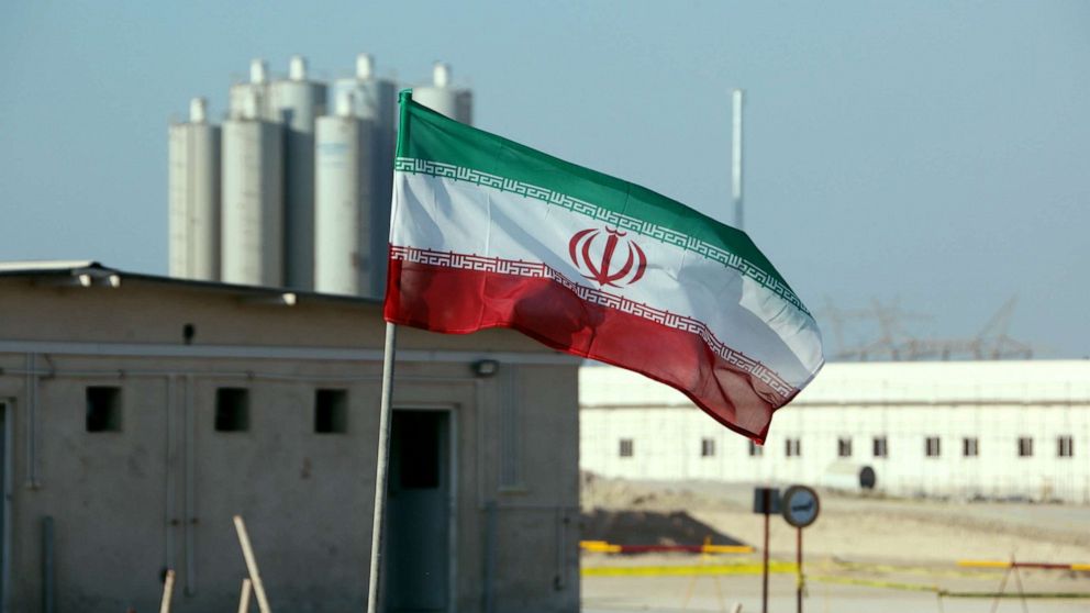 PHOTO: A picture taken, Nov. 10, 2019, shows an Iranian flag in Iran's Bushehr nuclear power plant, during an official ceremony to kick-start works on a second reactor at the facility.