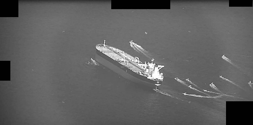 PHOTO: A screenshot of a video showing fast-attack craft from Iran’s Islamic Revolutionary Guard Corps Navy approaching Panama-flagged oil tanker Niovi as it transits the Strait of Hormuz, May 3, 2023.
