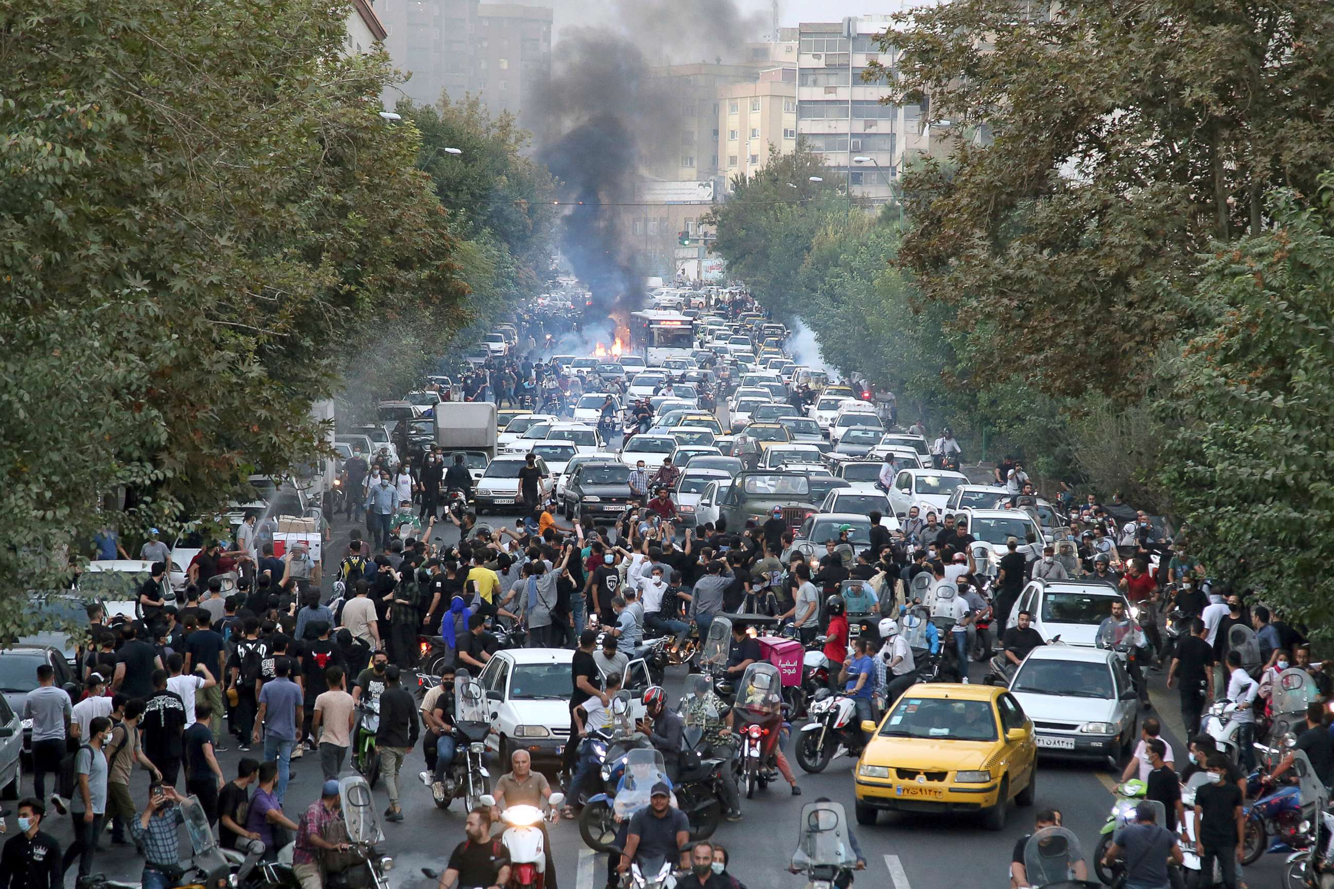 PHOTO: Protesters chant slogans during a protest over the death of a woman who was detained by the morality police in downtown Tehran, Iran, Sept. 21, 2022.