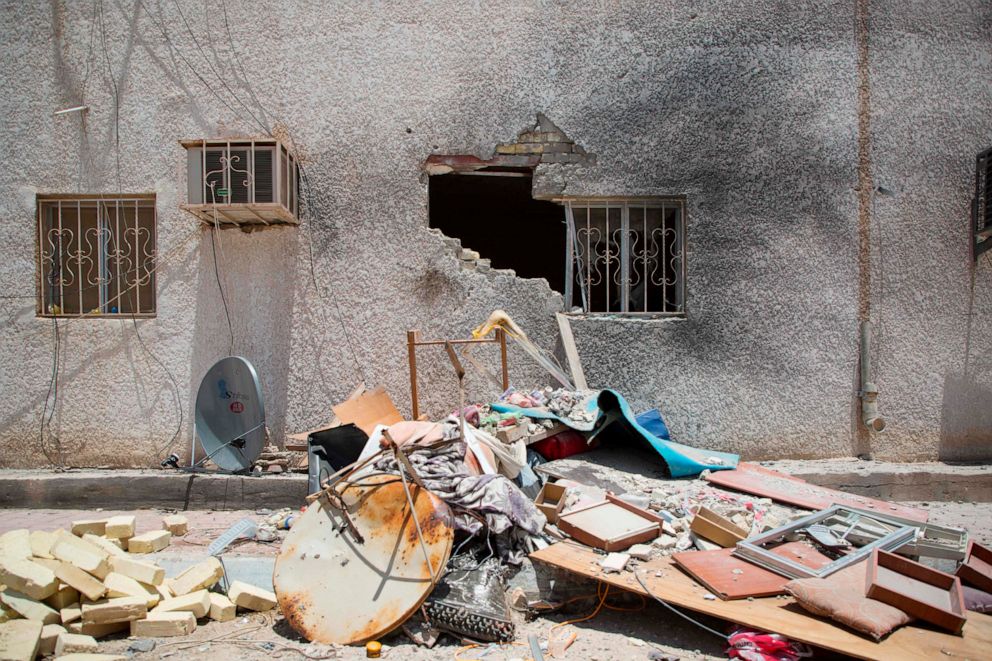 PHOTO: Damage is seen at a drilling fascility that was hit by a Katyusha rocket in the Burjesiya area, a key oil-producing region north of the Iraqi city of Basra on June 19, 2019.