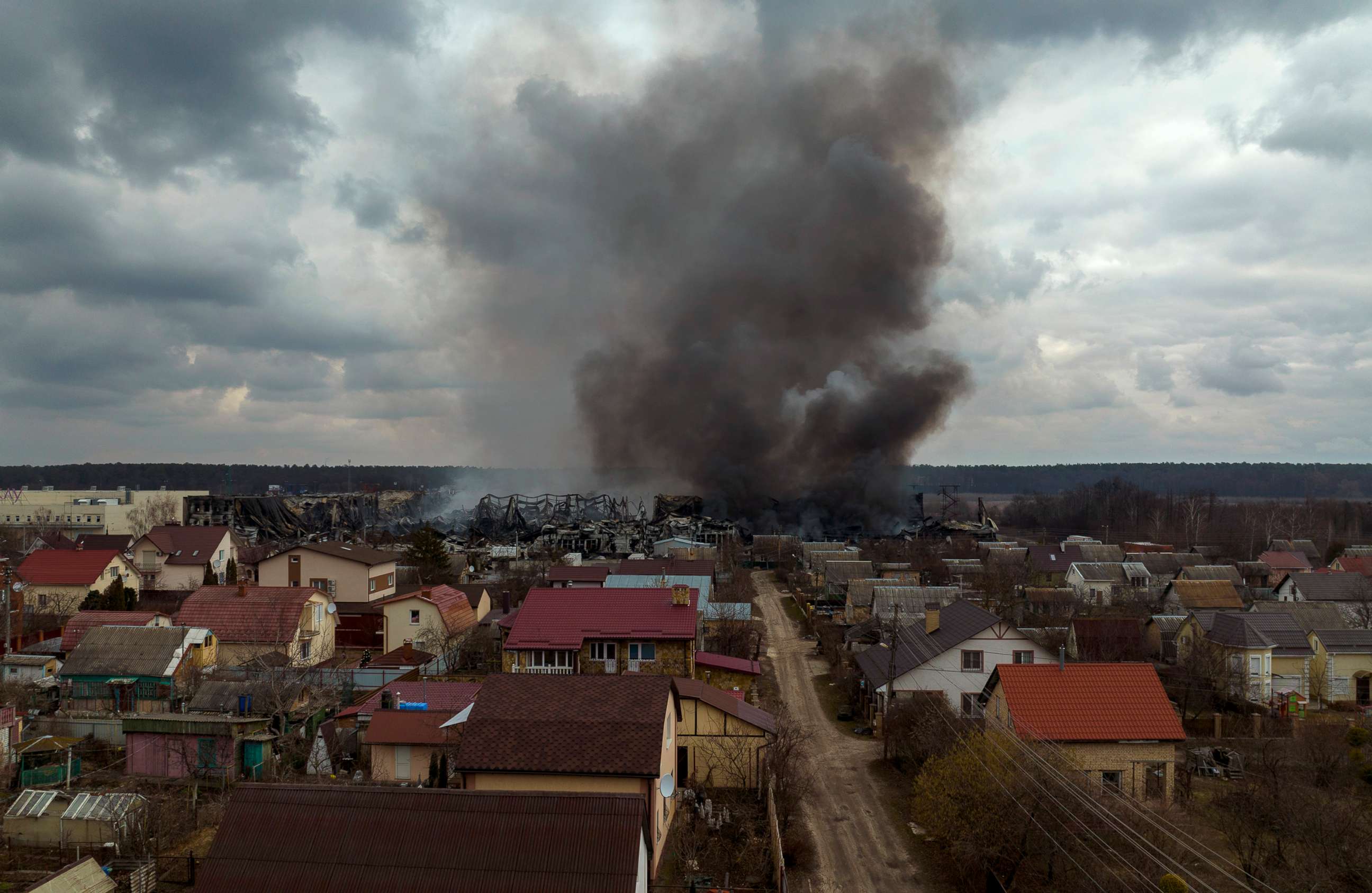 PHOTO: A factory and a store burn after being bombarded in Irpin, on the outskirts of Kyiv, Ukraine, March 6, 2022.