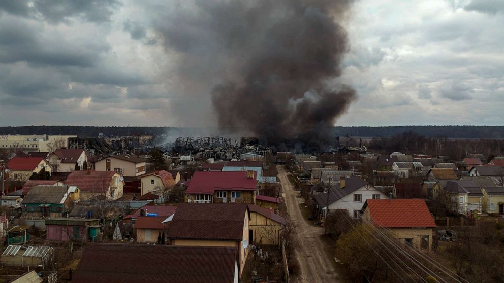 PHOTO: A factory and a store burn after being bombarded in Irpin, on the outskirts of Kyiv, Ukraine, March 6, 2022.