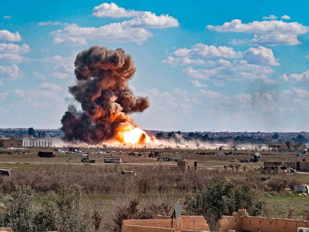 PHOTO: Smoke and fire billow after shelling on the Islamic State groups last holdout of Baghouz, in the eastern Syrian Deir Ezzor province, March 3, 2019.