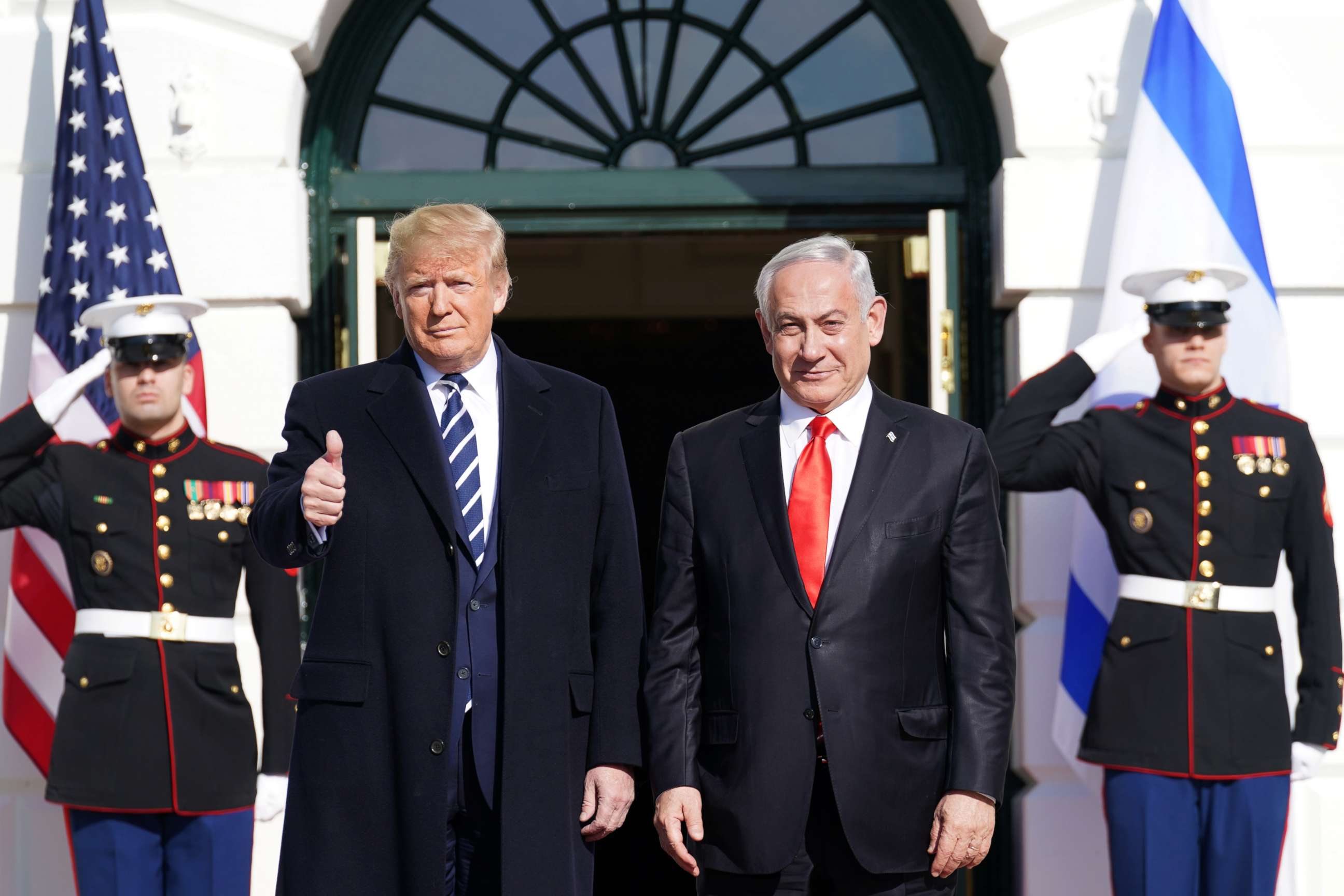 PHOTO: President Donald Trump gestures as he welcomes Israel's Prime Minister Benjamin Netanyahu at the White House, Jan. 27, 2020.