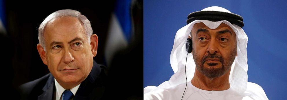 PHOTO: This combination of pictures shows Israeli Prime Minister Benjamin Netanyahu  in Jerusalem and Abu Dhabi's Crown Prince Mohammed bin Zayed.