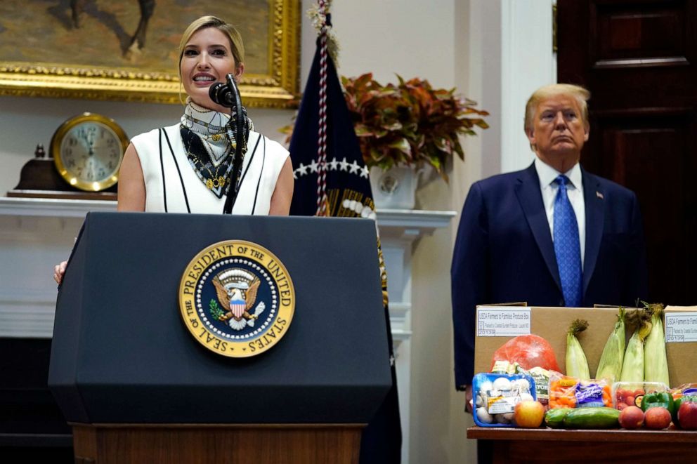 PHOTO: Ivanka Trump, the daughter of President Donald Trump, speaks as Trump looks on during an event on the food supply chain during the coronavirus pandemic, in the Roosevelt Room of the White House, May 19, 2020, in Washington.