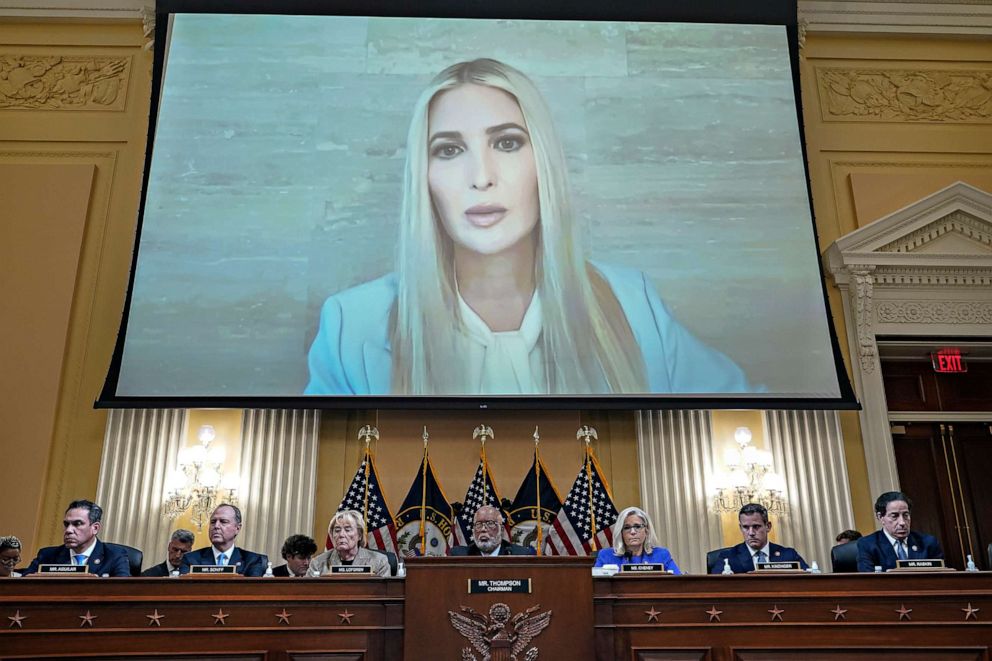 PHOTO: Ivanka Trump, the daughter of President Donald Trump, is displayed on a screen during a hearing by the Select Committee to Investigate the January 6th Attack on the U.S. Capitol on June 09, 2022 in Washington.