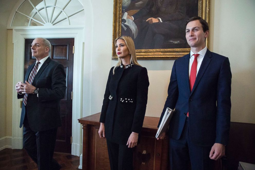 PHOTO: From left, White House Chief of Staff John Kelly, Ivanka Trump and Jared Kushner attend a meeting with President Donald J. Trump and members of his Cabinet, in the Cabinet Room of the White House, March 8, 2018.