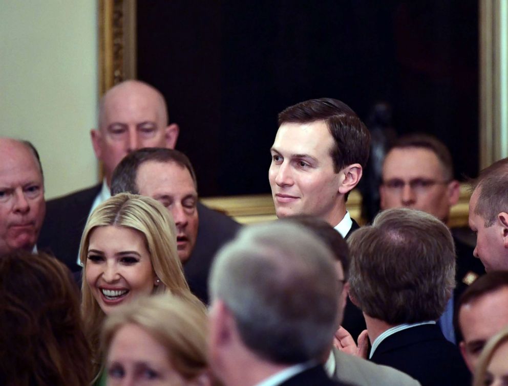 PHOTO: Ivanka Trump and husband White House senior adviser Jared Kushner arrive for the ceremonial swearing-in of US Secretary of State Mike Pompeo at the State Department in Washington, DC, May 2, 2018. 