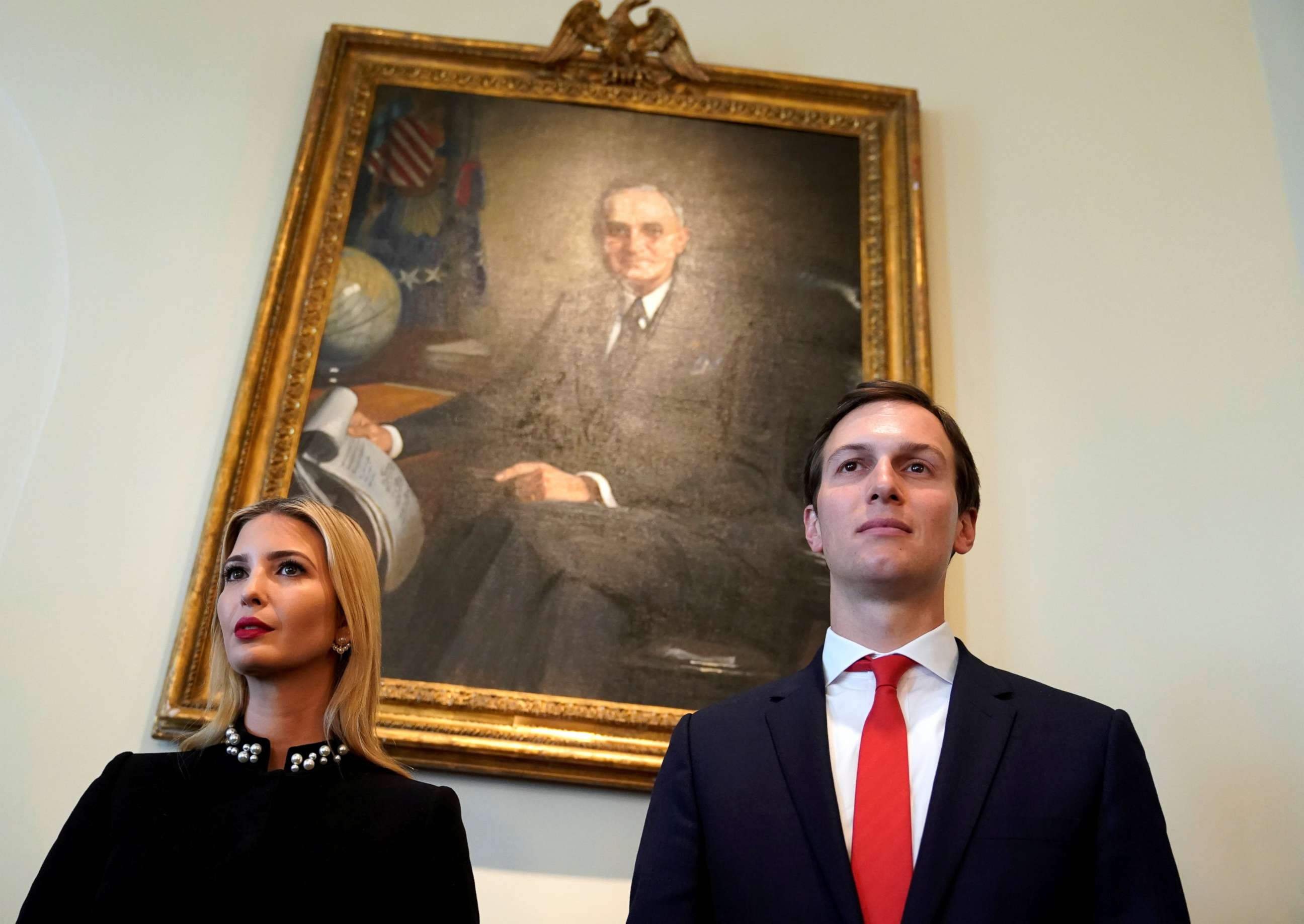 PHOTO: White House senior advisers Ivanka Trump and Jared Kushner listen as President Donald Trump holds a cabinet meeting at the White House in Washington, March 8, 2018.