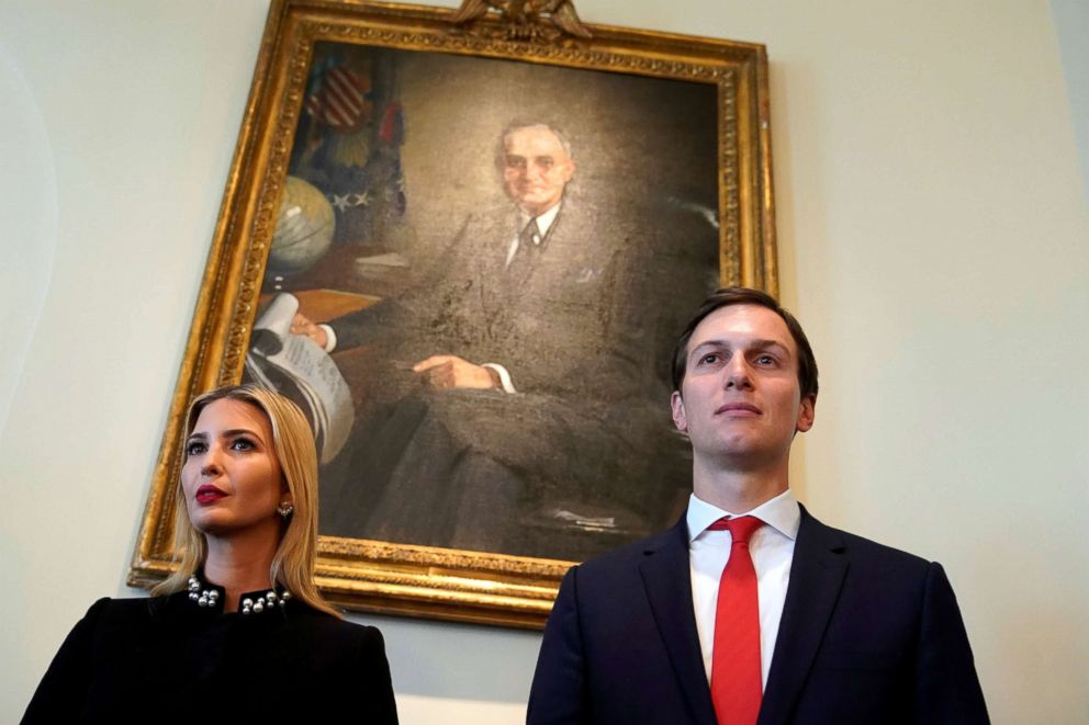 PHOTO: White House senior advisers Ivanka Trump and Jared Kushner listen as President Donald Trump holds a cabinet meeting at the White House in Washington, March 8, 2018.