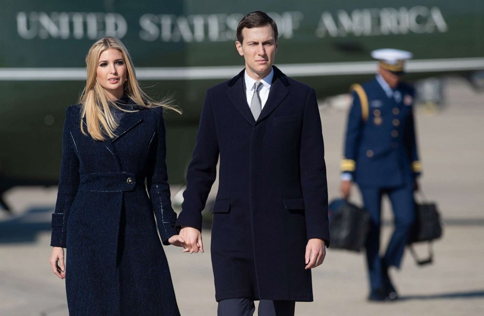 White House senior advisors Ivanka Trump and Jared Kushner, walk to Air Force One at Joint Base Andrews in Maryland, Oct. 30, 2018.