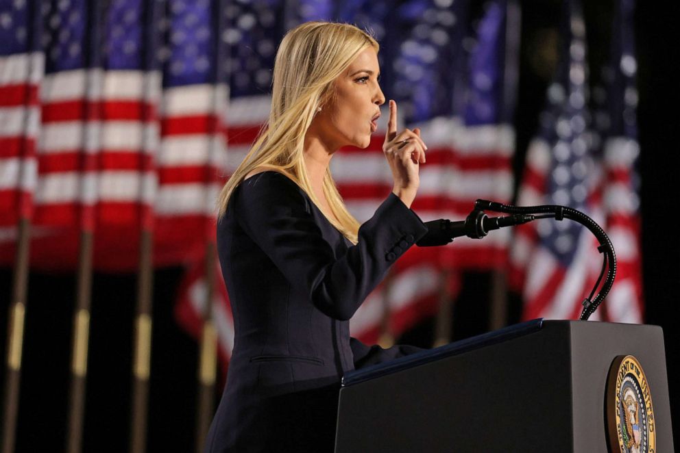 PHOTO: Ivanka Trump, daughter of U.S. President Donald Trump and White House adviser, addresses attendees as Trump prepares to deliver his acceptance speech for the Republican presidential nomination on Aug. 27, 2020 in Washington, D.C. 