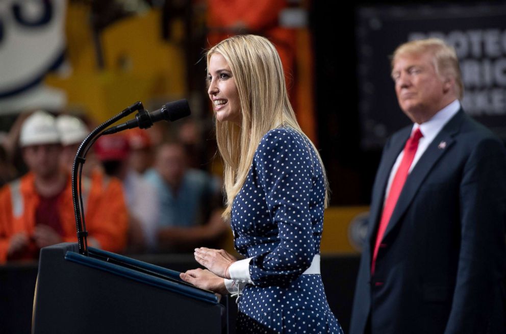 PHOTO: White House Senior Adviser Ivanka Trump speaks alongside US President Donald Trump at US Steel's Granite City Works in Granite City, Illinois, July 26, 2018.