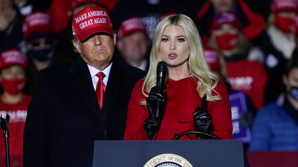 PHOTO: President Donald Trump watches as daughter Ivanka Trump speaks at a campaign event at the Kenosha Regional Airport, Nov. 2, 2020, in Kenosha, Wis.
