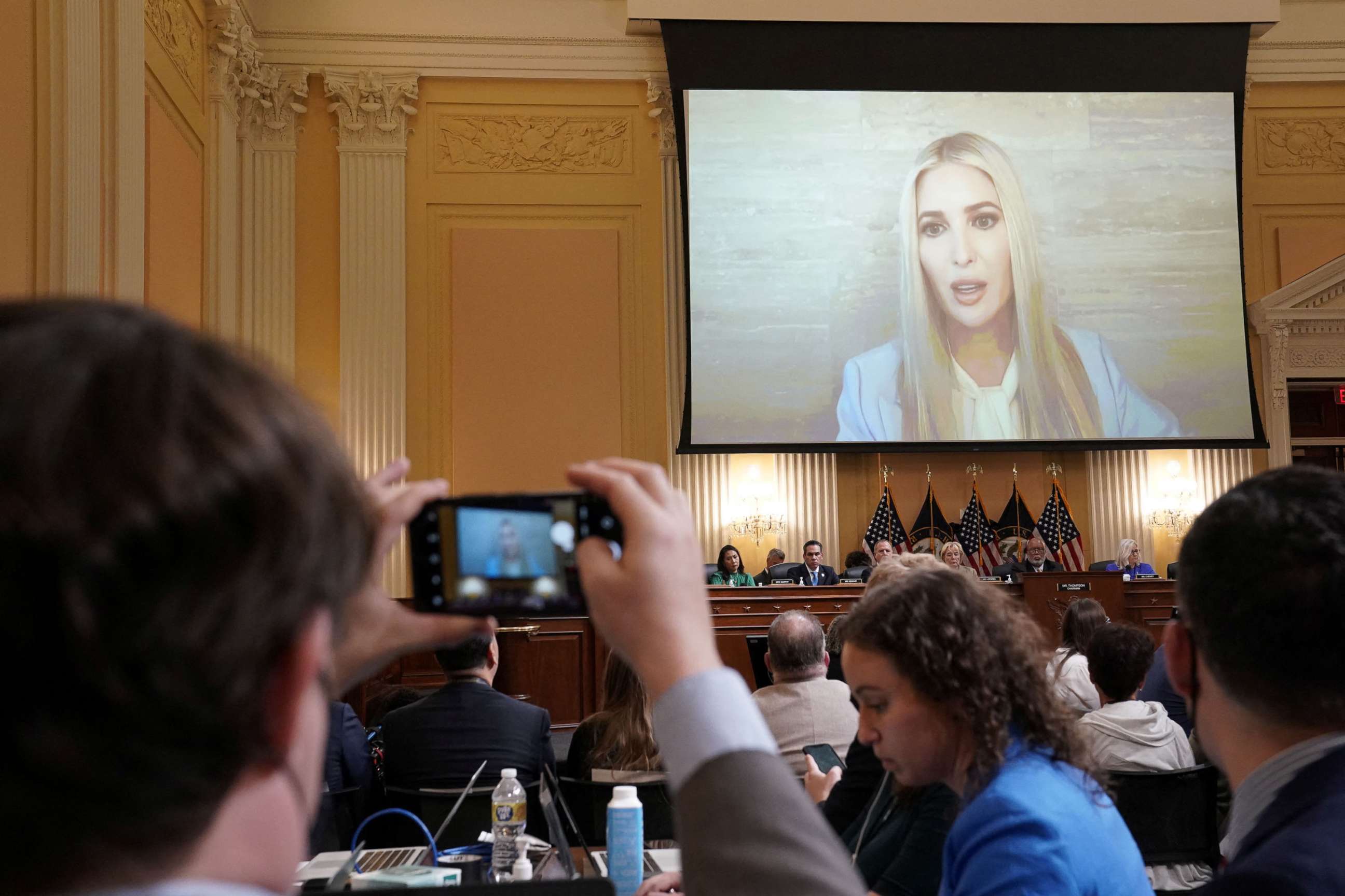 PHOTO: Former White House Senior Adviser Ivanka Trump is seen on a video screen during the public hearing of the U.S. House Select Committee to Investigate the January 6 Attack, on Capitol Hill in Washington, D.C., June 9, 2022.