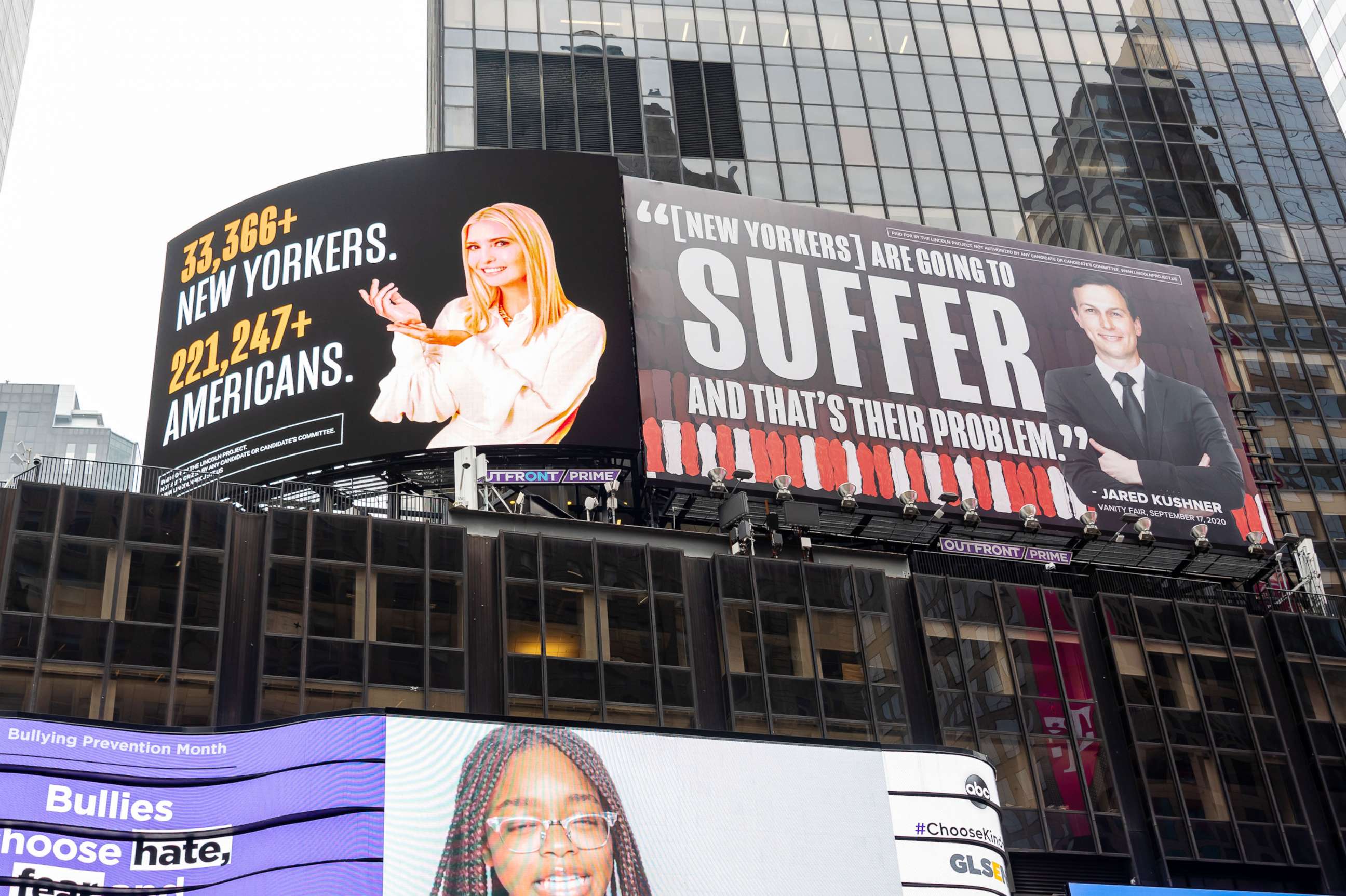 PHOTO: A billboard by The Lincoln Project depicts Ivanka Trump presenting the number of New Yorkers and Americans who have died due to COVID-19 and Jared Kushner with a Vanity Fair quote in Times Square, New York, Oct 22, 2020.