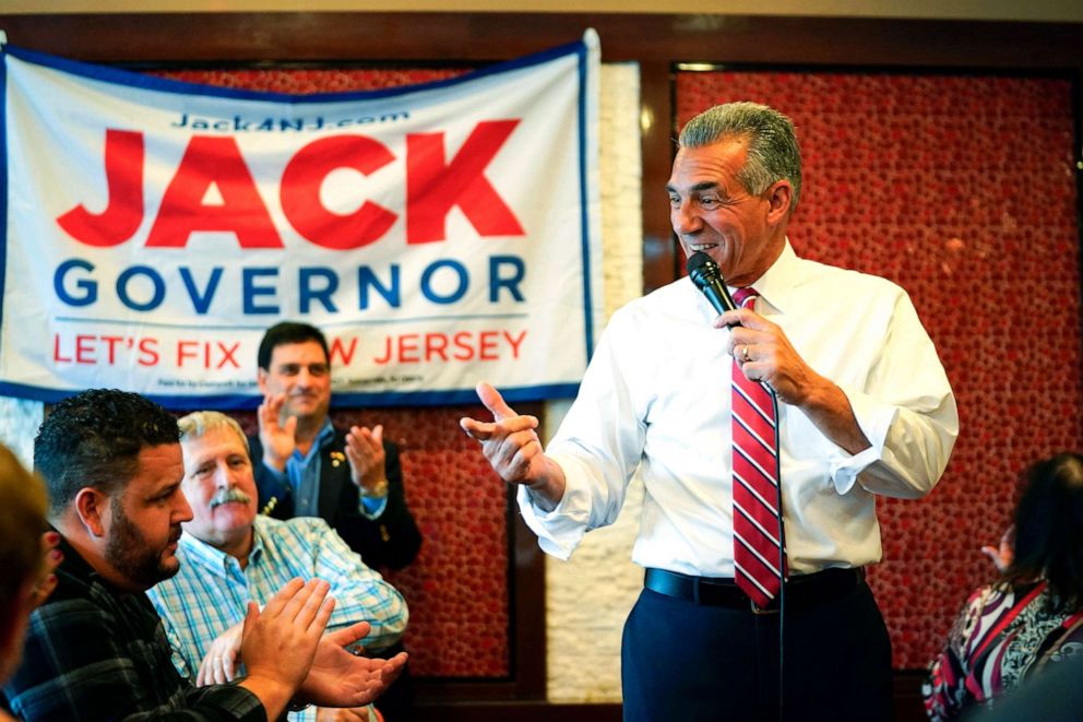 PHOTO: New Jersey Republican gubernatorial candidate Jack Ciattarelli makes a campaign stop at Majestic Diner with the Mahwah Republican Club on Oct. 27, 2021, in Ramsey, N.J.
