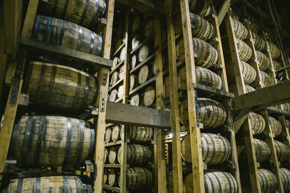 PHOTO: Barrels of the whiskey producer Jack Daniel's stacked in one of the barrel houses on Feb. 23, 2018 in Lynchburg, Tenn.