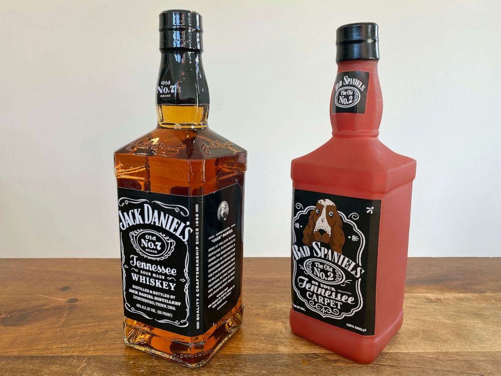 PHOTO: In this Nov. 20, 2022, file photo, a bottle of Jack Daniel's Tennessee Whiskey is displayed next to a Bad Spaniels dog toy in Arlington, Va.