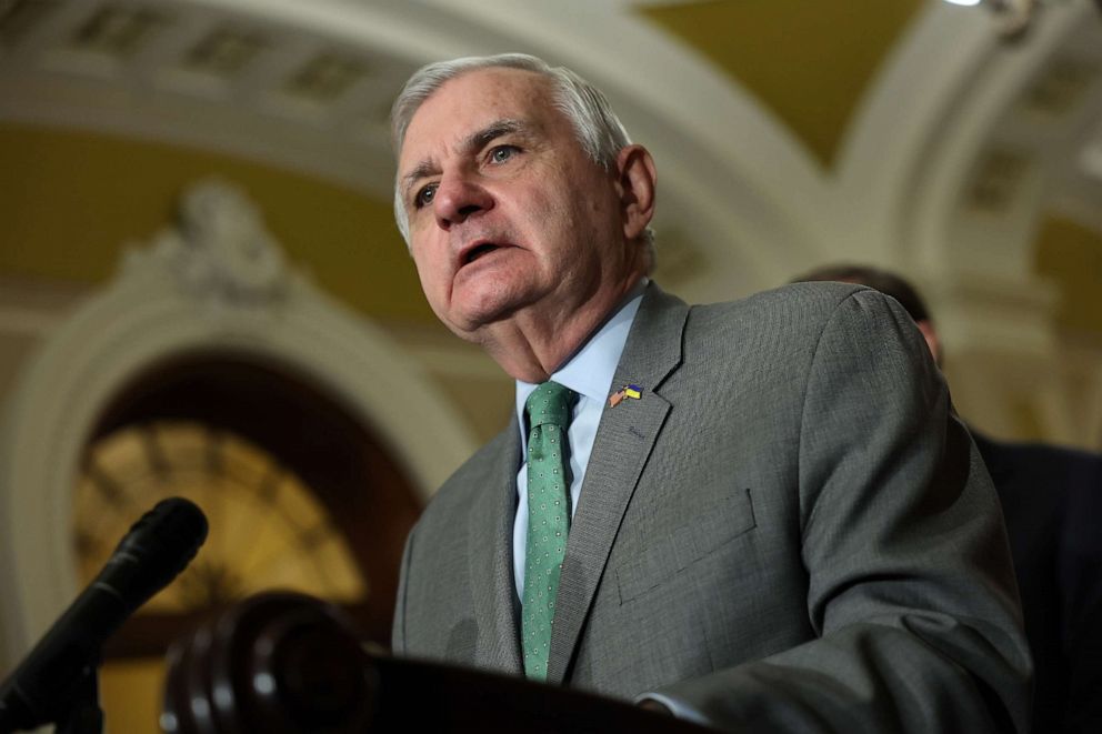 PHOTO: Sen Jack Reed speaks following a Democratic policy luncheon at the U.S. Capitol, Mar. 28, 2023, in Washington.
