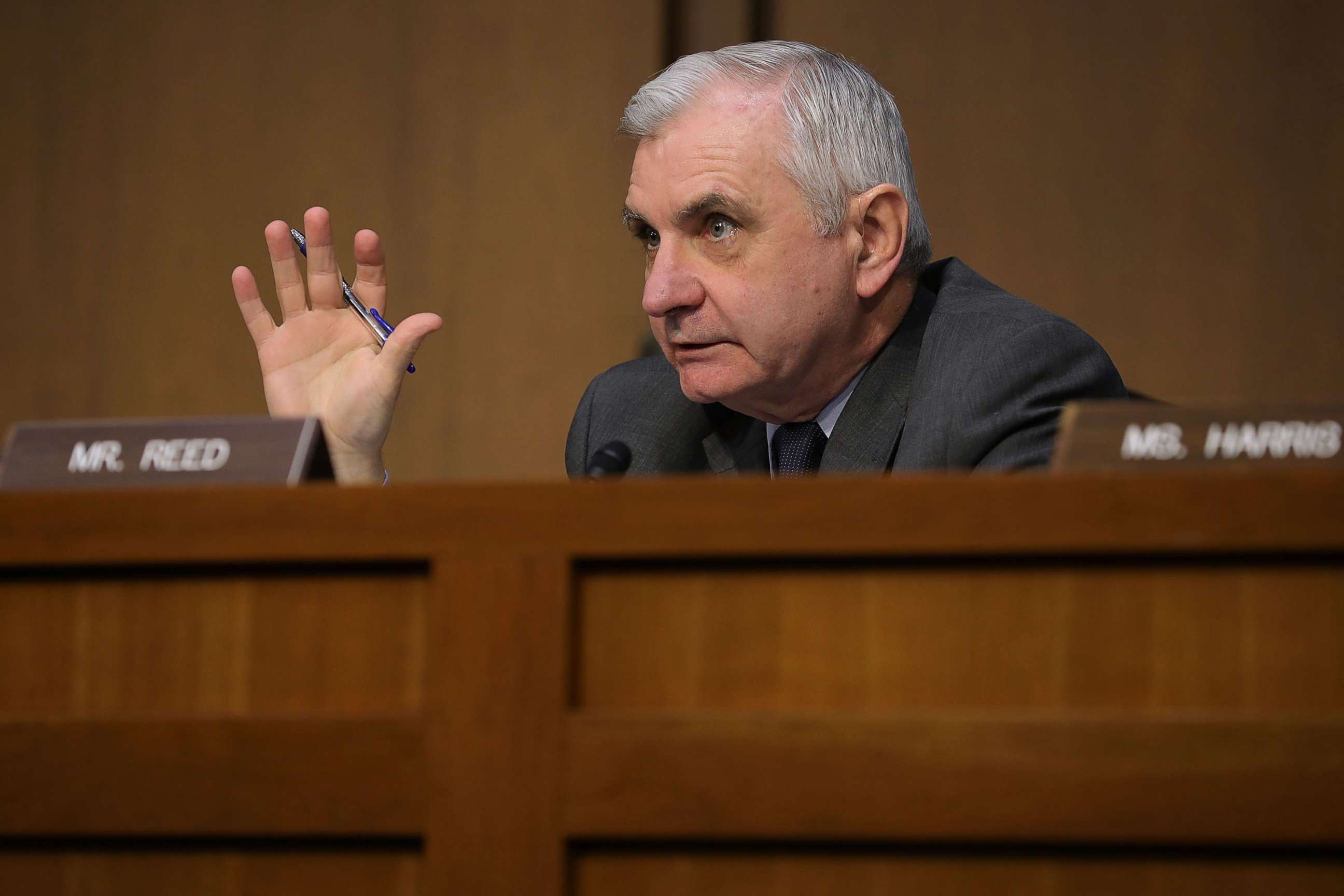 PHOTO: Senate Intelligence Committee member Sen. Jack Reed (D-RI) questions intelligence officials, including the heads of the FBI, CIA and NSA, during a hearing in the Hart Senate Office Building on Capitol Hill, Feb. 13, 2018, in Washington.