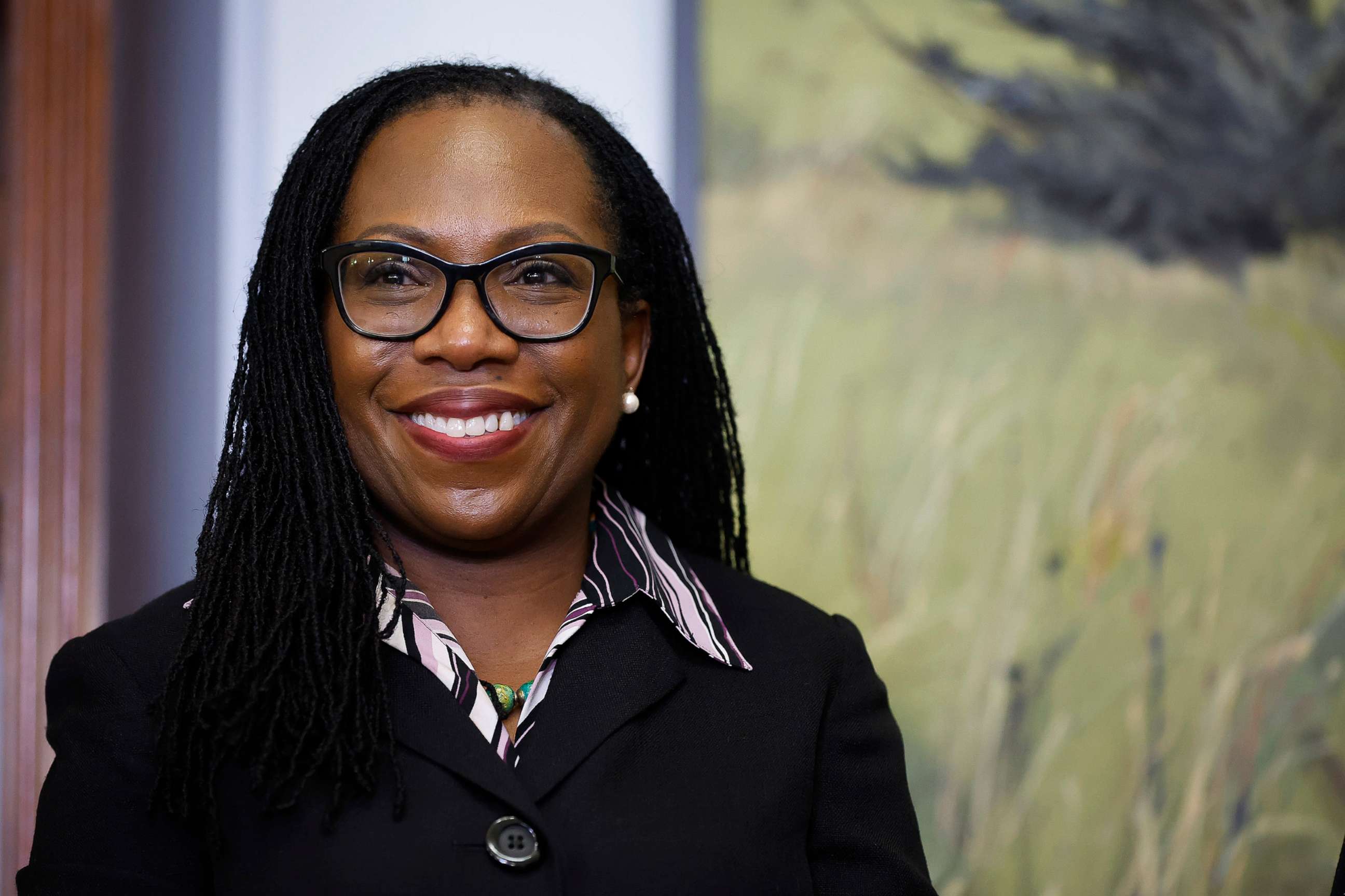 PHOTO: Supreme Court nominee Ketanji Brown Jackson poses for photographs while visiting Sen. Deb  Fischer in her office in the Russell Senate Office Building on Capitol Hill, March 17, 2022.