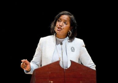 PHOTO: Candidate Jahana Hayes addresses delegates during the Democratic convention for the 5th District, May 14, 2018, at Crosby High School in Waterbury, Conn.