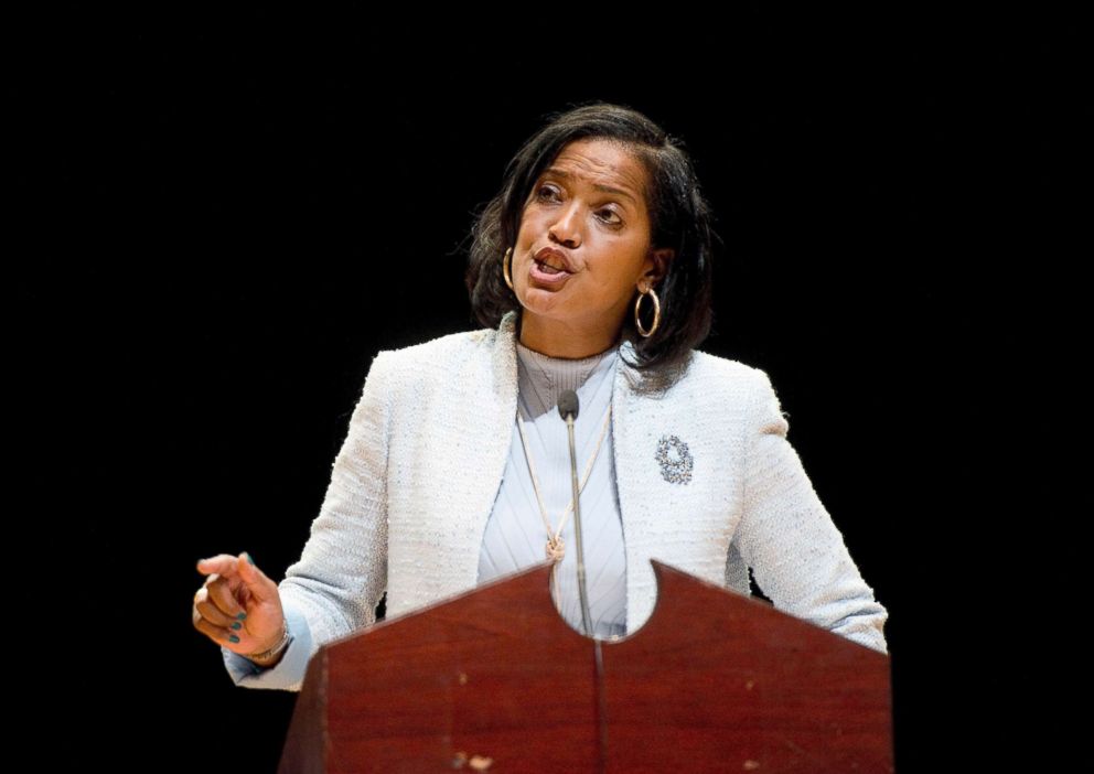 PHOTO: Candidate Jahana Hayes addresses delegates during the Democratic convention for the 5th District, May 14, 2018, at Crosby High School in Waterbury, Conn.