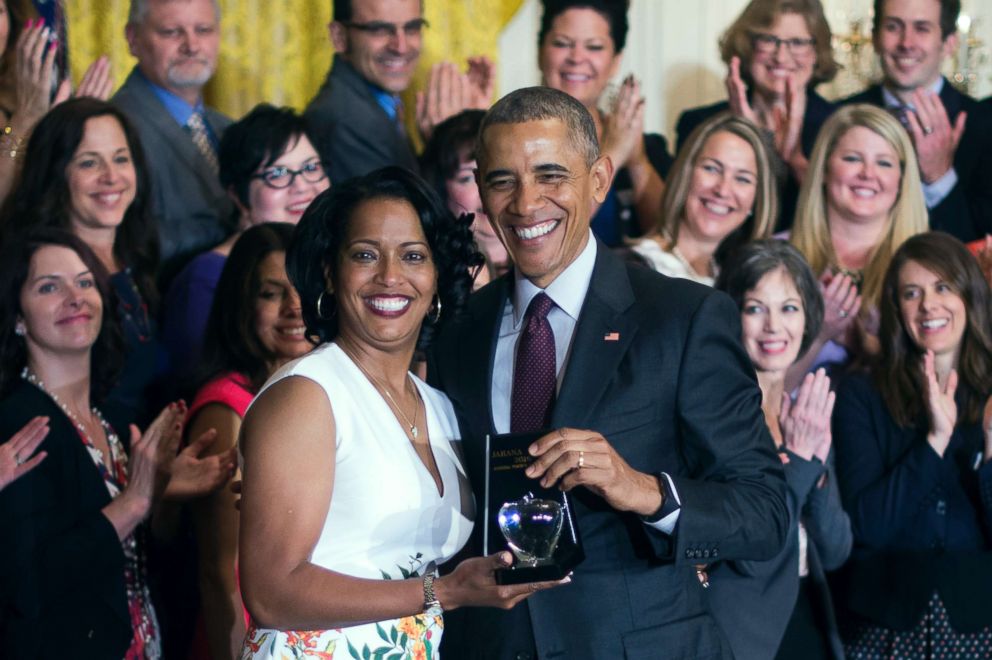 PHOTO: Jahana Hayes, left, a high school history teacher from Waterbury, CT, celebrates winning the 2016 National Teacher of the Year with President Barack Obama at the White House in Washington, May 3, 2016.