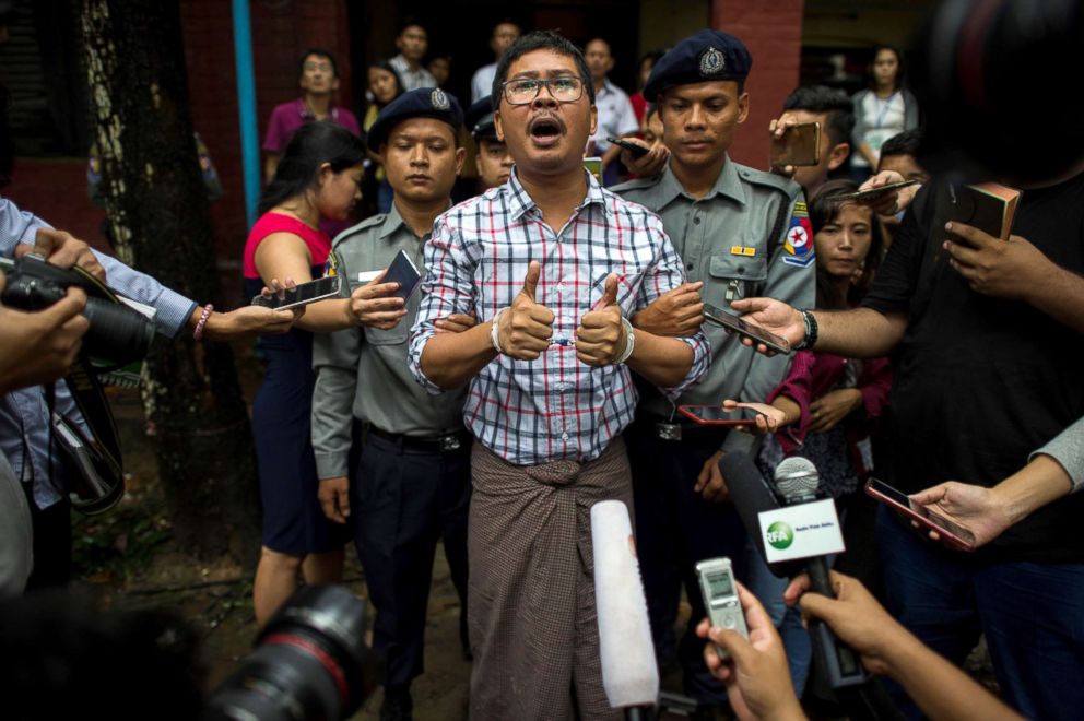 PHOTO: Detained Myanmar journalists Wa Lone speaks to journalist after appearing before a court trial in Yangon, Myanmar, Aug. 20, 2018.