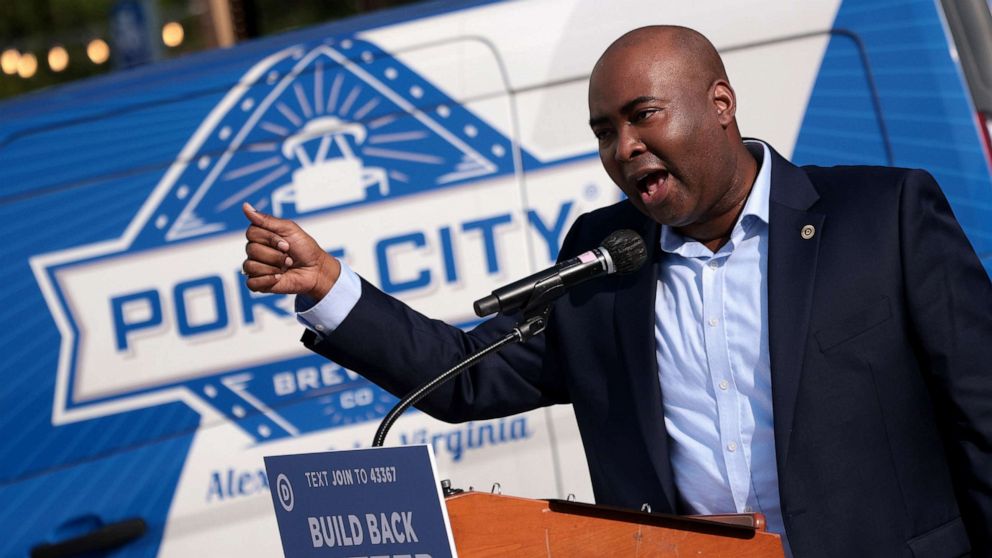 PHOTO: Democratic National Committee Chair Jaime Harrison speaks during a campaign event for former Virginia Gov. Terry McAuliffe at the Port City Brewing Company, Aug. 12, 2021 in Alexandria, Virginia.
