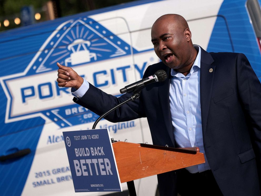 PHOTO: Democratic National Committee Chair Jaime Harrison speaks during a campaign event for former Virginia Gov. Terry McAuliffe at the Port City Brewing Company, Aug. 12, 2021 in Alexandria, Virginia.