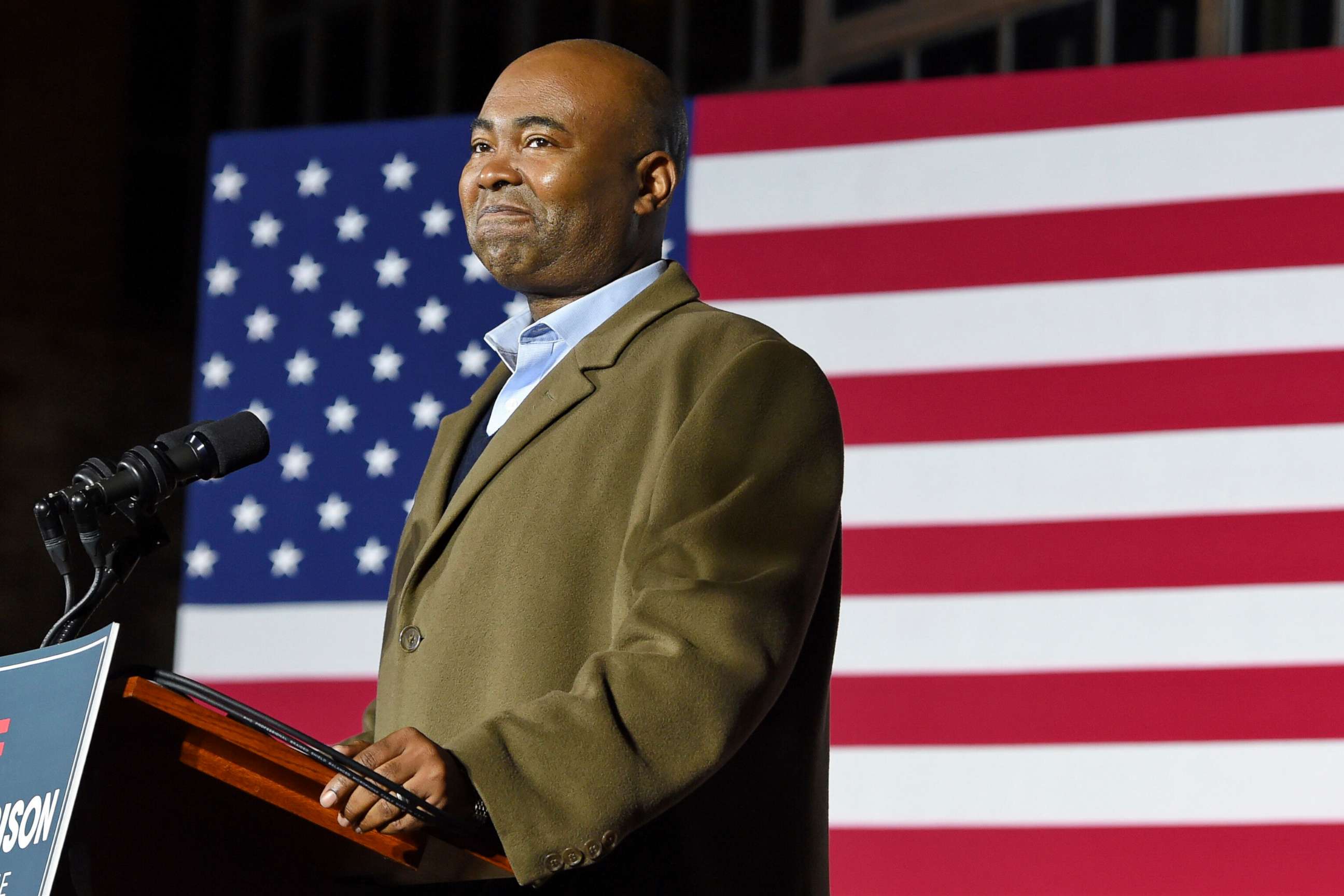 PHOTO: Democratic Senate candidate Jaime Harrison speaks at a watch party in Columbia, S.C., Nov. 3, 2020. 