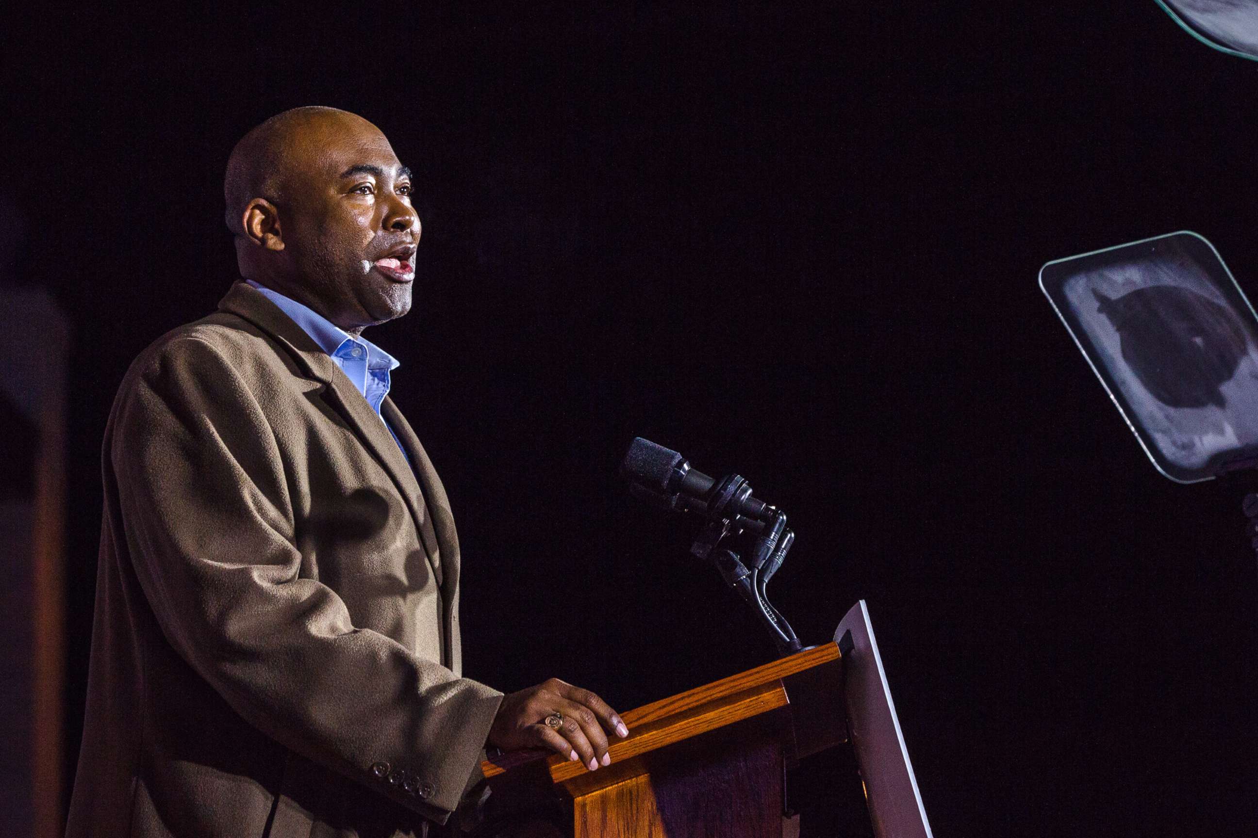 PHOTO: Jaime Harrison speaks during an election night party in Columbia, S.C., Nov. 3, 2020.