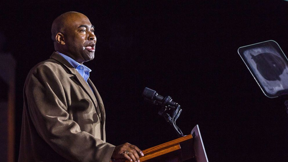 PHOTO: Jaime Harrison speaks during an election night party in Columbia, S.C., Nov. 3, 2020.