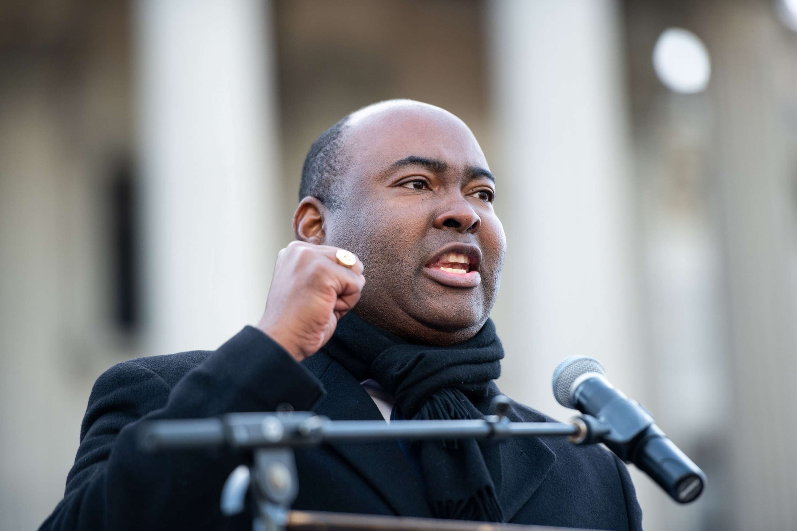 PHOTO:U.S. senate candidate Jaime Harrison speaks to the crowd during the King Day celebration at the Dome March and rally on Jan. 20, 2020, in Columbia, S.C.