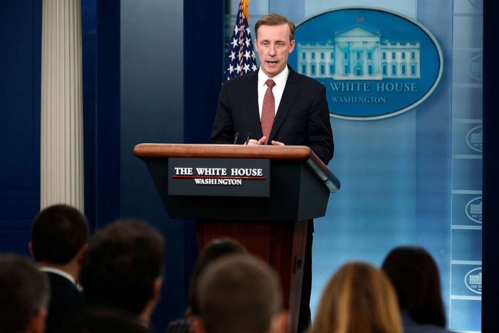 PHOTO: White House National Security Advisor Jake Sullivan talks to reporters during the daily news conference in the Brady Press Briefing Room at the White House, on April 4, 2022, in Washington, D.C.